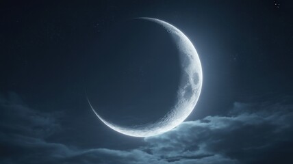 Crescent Moon in Mystical Night Sky with Soft Lunar Glow in Dark Blue Clouds for Astrology