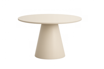 Modern minimalist round pedestal table in off-white finish, clean design for dining and coffee use, transparent background