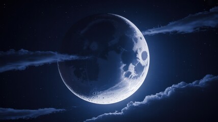 Full Moon in Mystical Night Sky with Dramatic Clouds in Soft Blue Lighting for Space Exploration