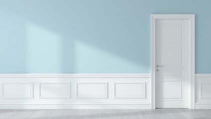 Closed White Door on Blue Wall, Reflective Floor