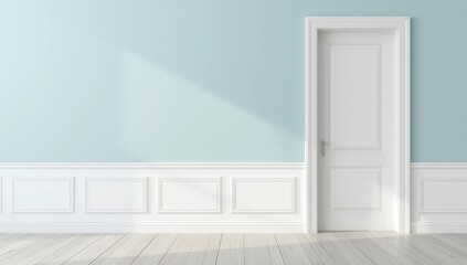 Closed White Door on Blue Wall, Reflective Floor
