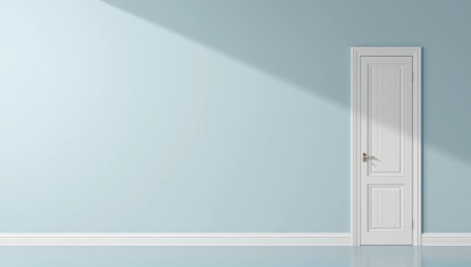 Closed White Door on Blue Wall, Reflective Floor