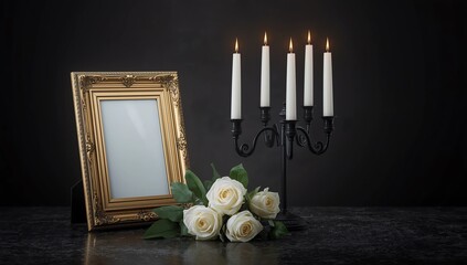 Blank funeral frame, candles and flowers on table against black background