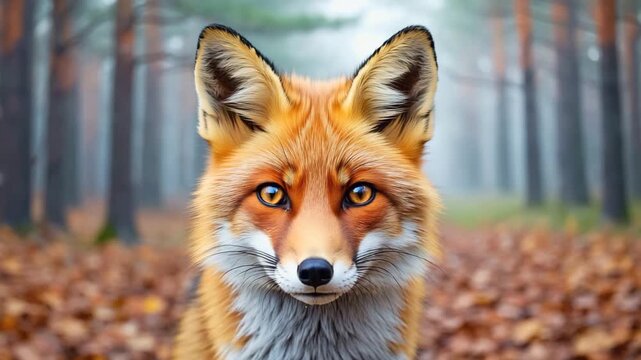 Red fox staring at viewer in autumn forest