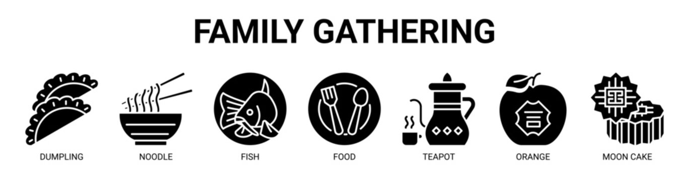 Family Gathering web banner icon vector illustration concept with icon of dumpling, noodle, fish, food, teapot, orange, and moon cake.