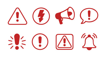 Set of Red Warning and Alert Icons in Minimal Outline Style on White Background