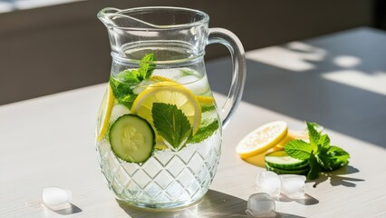 Refreshing summer hydration with cucumber lemon mint in crystal pitcher