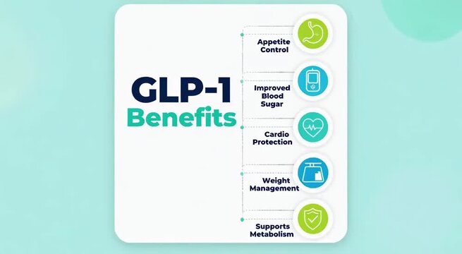 GLP-1 benefits highlighted in a series of frames showcasing appetite control, improved blood sugar, cardio protection, weight management, and metabolism support with clear visual elements