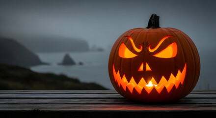 Spooky halloween jack o lantern on a dark wooden table