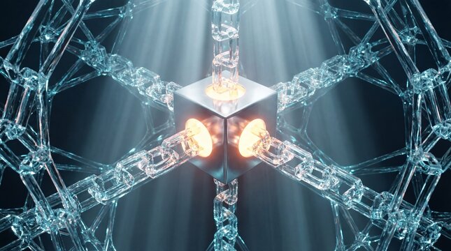 Glowing blockchain network cube with transparent chain links and futuristic data connectivity
 - Powered by Adobe