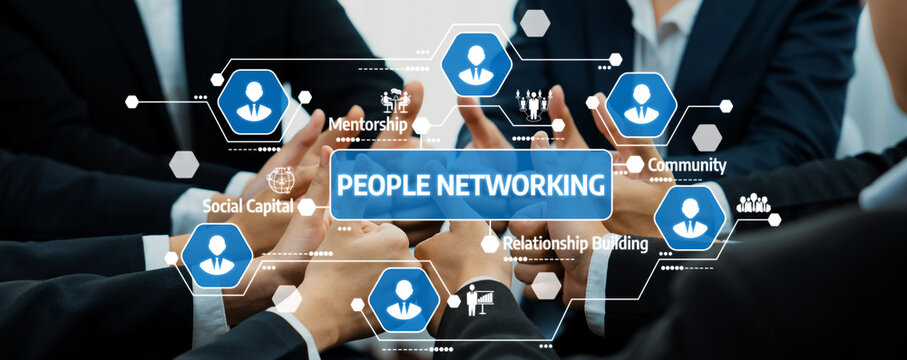A dynamic scene of professionals networking, showcasing hands and digital icons representing collaboration and mentorship, highlighting the importance of community and relationships. Amity - Powered by Adobe