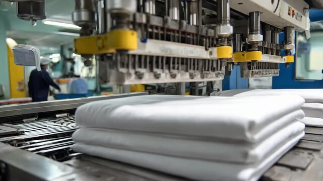 Closeup medium view of pneumatic pressing machine flattening hotel linens with precise pressure in a textile care environment.