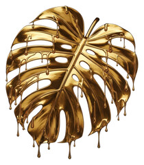 Golden monstera leaf melting with liquid metal drips, isolated transparent art render