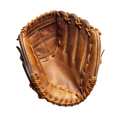 Brown leather baseball glove with intricate stitching on white background for sports use