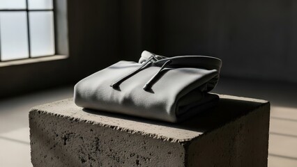 Neatly folded grey hoodie on concrete block in studio