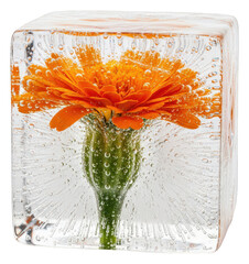Orange marigold flower frozen in ice cube, isolated transparent nature art