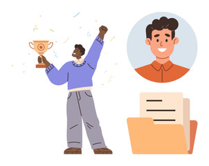 Success, achievement, recognition, documentation, career growth, personal branding. Person holding a trophy with confetti, smiling profile portrait and open folder with documents. Success © robu_s