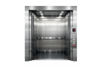 Modern elevator cab interior with open doors for easy access and comfortable vertical transport showing floor five