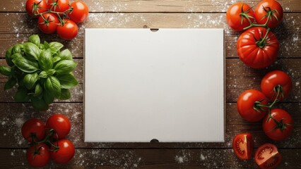 Blank pizza box mockup with fresh tomatoes and basil on rustic wooden table