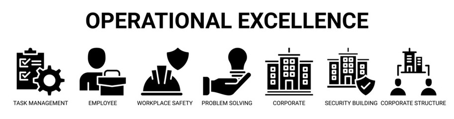 Obraz premium Operational Excellence web banner icon vector illustration concept with icon of Task Management, Employee, Workplace Safety, Problem Solving, Corporate, Security Building, and Corporate Structure.