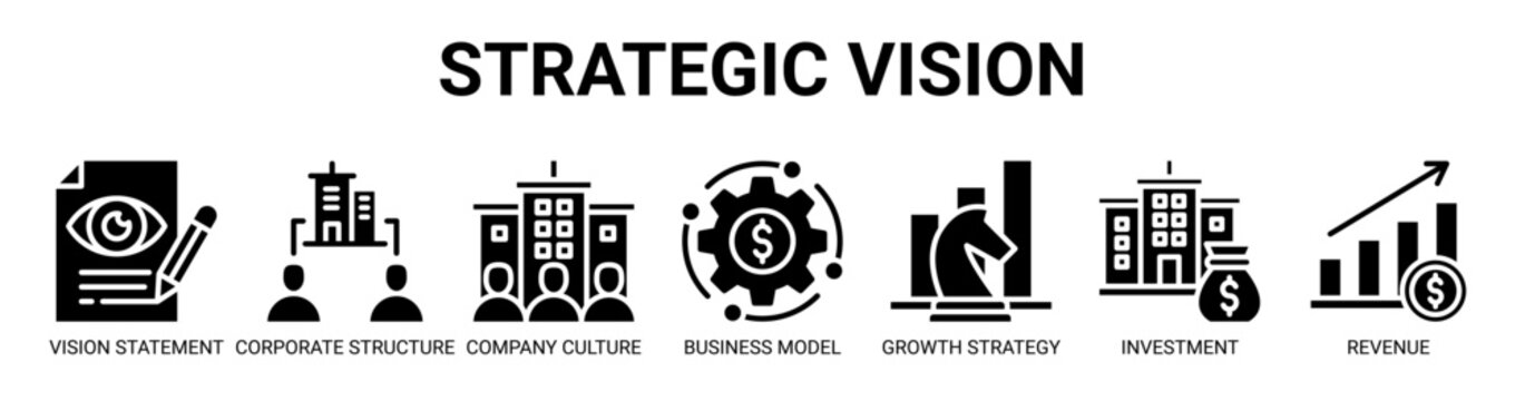 Strategic Vision web banner icon vector illustration concept with icon of Vision Statement, Corporate Structure, Company Culture, Business Model, Growth Strategy, Investment, and Revenue.