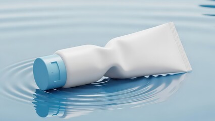 Squeezed hygiene tube on rippling water surface, clean aesthetic mockup