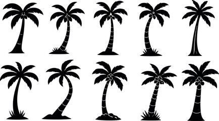 Palm tree silhouette icon set with tropical summer symbols. Collection of vector palm icons perfect for beach, vacation and travel themed designs. © gerik_a