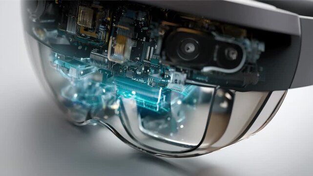 Closeup of augmented reality headset lens replacement and resolution upgrade highlighting mixed reality components and seamless integration for interactive environments.