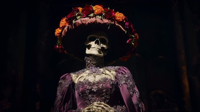 Mexican woman with skull makeup adjusting a floral hat in slow motion during Day of the Dead.