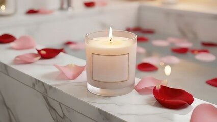 Luxury bath candle with rose petals on marble ledge