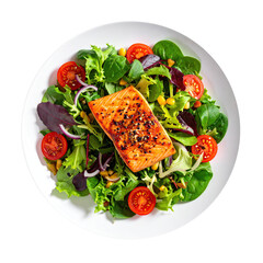 Grilled Salmon Salad with Cucumbers and Tomatoes Isolated on a Transparent Background 