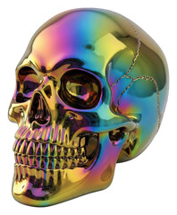 Chrome skull with rainbow iridescent finish, isolated and transparent