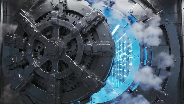 An impressive view of an open vault door, revealing a glimpse of the treasure within, creating a sense of anticipation and security