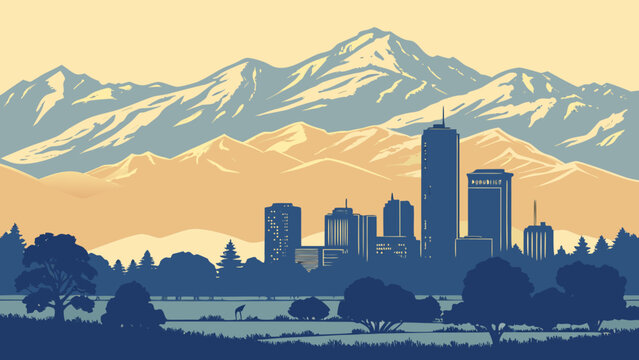Denver skyline with picturesque mountains and lush trees suitable for travel, real estate, tourism, and naturethemed designs. Vibrant cityscape.