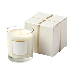 White scented candle in glass holder beside elegant gift box with gold ribbon