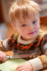Fototapeta premium Boy with Down Syndrome Cutting an Onion with a Knife at a Kitchen Table