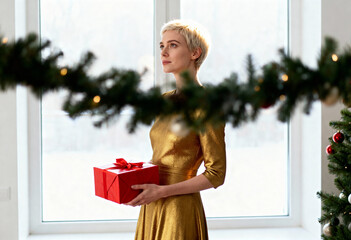 An elegant woman in a gold dress holds a red Christmas gift by a window. Young person celebrating the winter holidays at home.