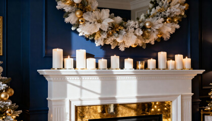 Elegant Christmas fireplace mantel with white candles and gold wreath. Festive holiday interior decoration on blue wall background. Luxury home decor for winter season
