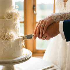 bride and groom's hands cutting a three-tier white wedding cake