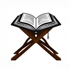 Open holy book resting on a wooden stand with Arabic script visible on white background