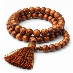 Natural Wood Prayer Beads with Tassel on White Background Spiritual Meditation Mala Accessory