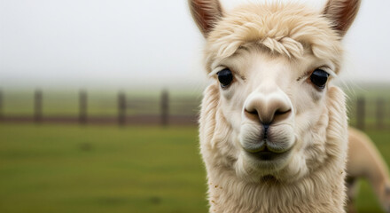 Obraz premium Alpaca chews hay while standing in open field with gentle breeze and greenery in background during daytime
