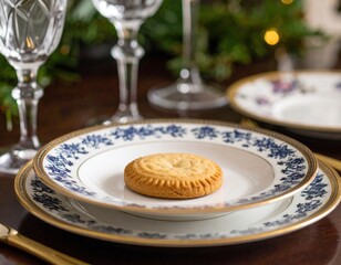 Elegant Table Setting With Single Cookie On Ornate Blue And White Plate With Gold Trim And Crystal Glassware
