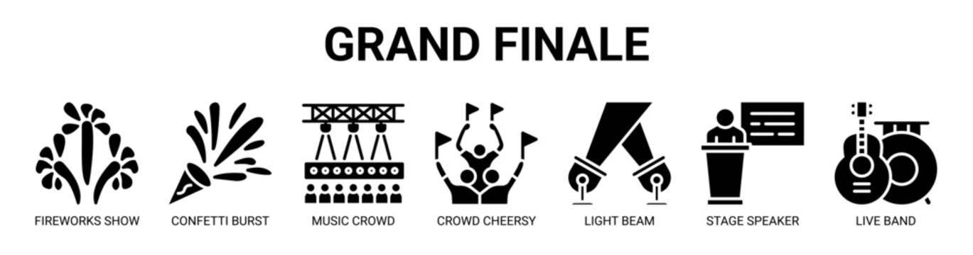 Grand Finale web banner icon vector illustration concept with icon of fireworks show, confetti burst, music crowd, crowd cheersy, light beam, stage speaker, live band.