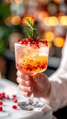 Hand Holding Refreshing Pomegranate Cocktail Garnished With Rosemary And Pomegranate Seeds With Soft Bokeh Lights Background