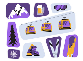Vector sticker set of winter ski resort elements including cable car, mountains, skis, snowboard, goggles, boots, snowflake and pine tree. Isolated icons for winter sports, travel and holiday design