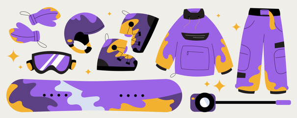 Vector illustration set of snowboarding gear including snowboard, boots, helmet, goggles, gloves and winter outfit. Isolated winter sports equipment for mountain resorts, activities and design
