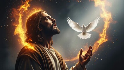 Jesus Christ looking up at a white dove representing the Holy Spirit. Cinematic digital art of the Messiah with a ring of fire and glowing light. Religious concept of Pentecost and faith