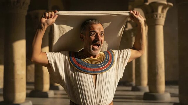 Ancient Egyptian man screaming in panic as a swarm of flies attacks him. Historical reenactment of the biblical Fourth Plague of Egypt in a temple