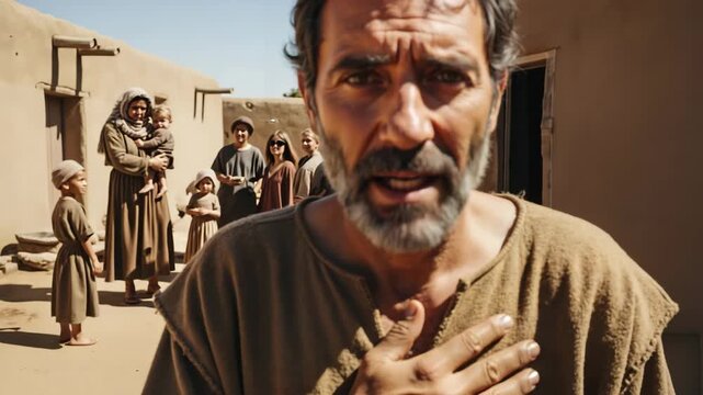 Portrait of a distressed Israelite man in an ancient Egyptian village. Biblical slave with a beard and tunic speaking with emotion while standing outdoors. Historical religion concept